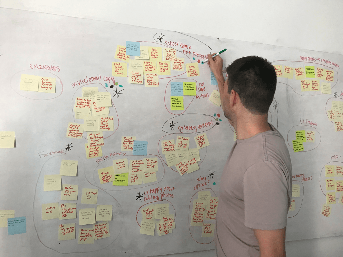 Andrew organizing research feedback into affinity groups on a whiteboard