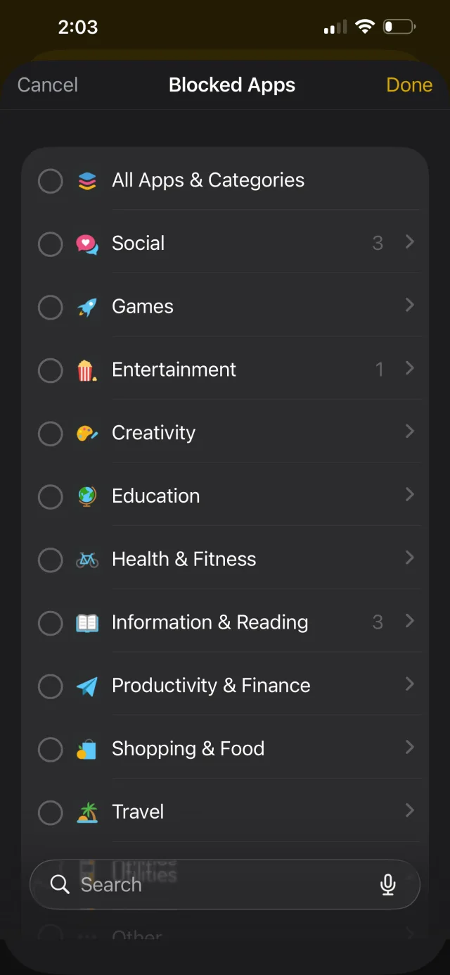 Baseline blocked apps settings, organized by category like Social, Games, and Entertainment