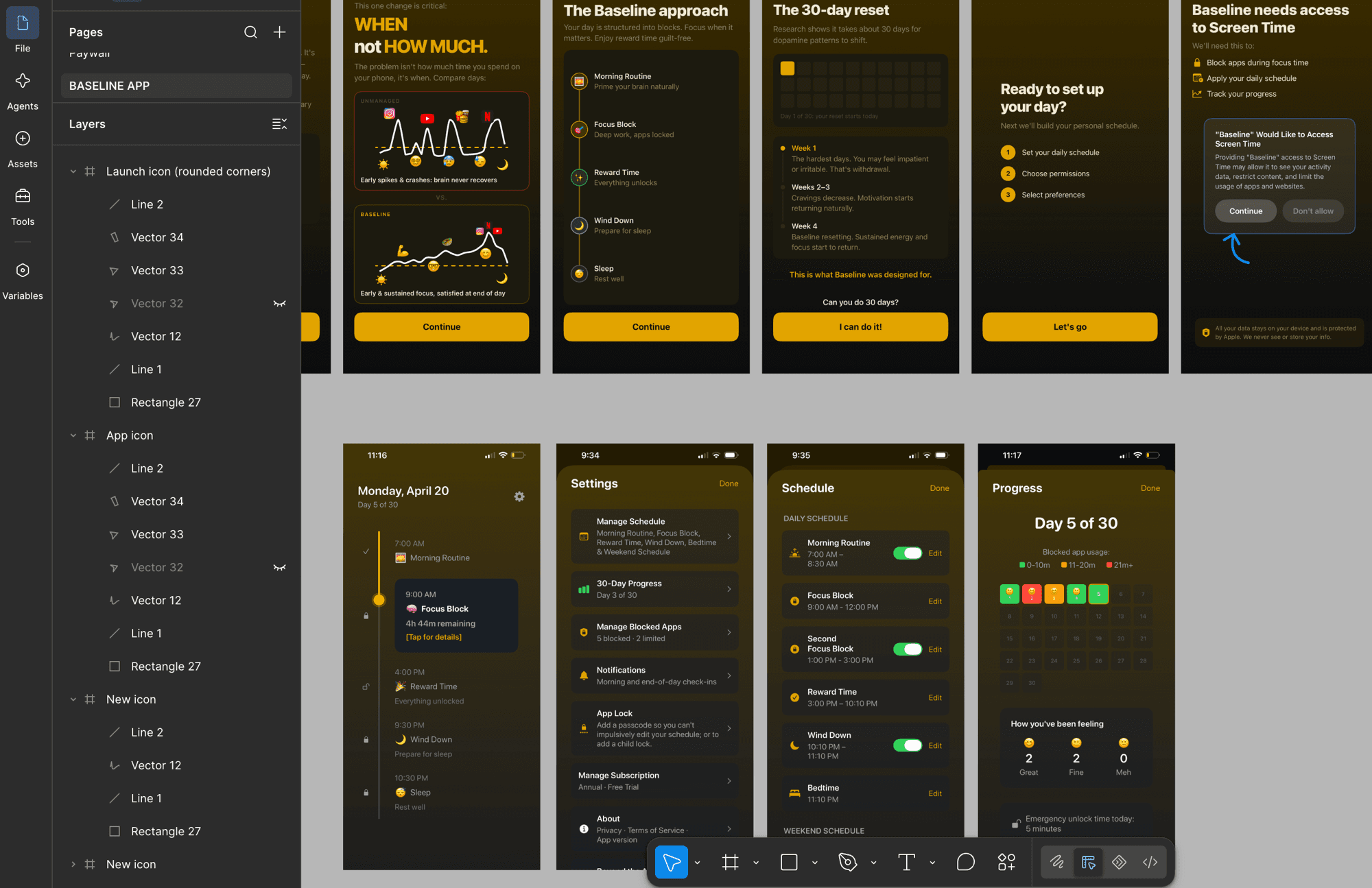 Figma file showing Baseline's onboarding, home timeline, settings, and progress screens designed before development
