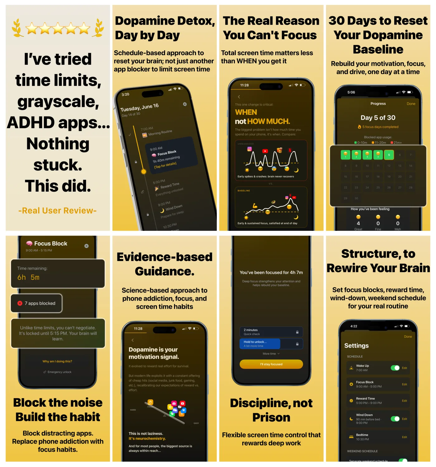 Baseline App Store screenshots showing the day timeline, dopamine-timing charts, 30-day progress tracker, and focus block lock screen