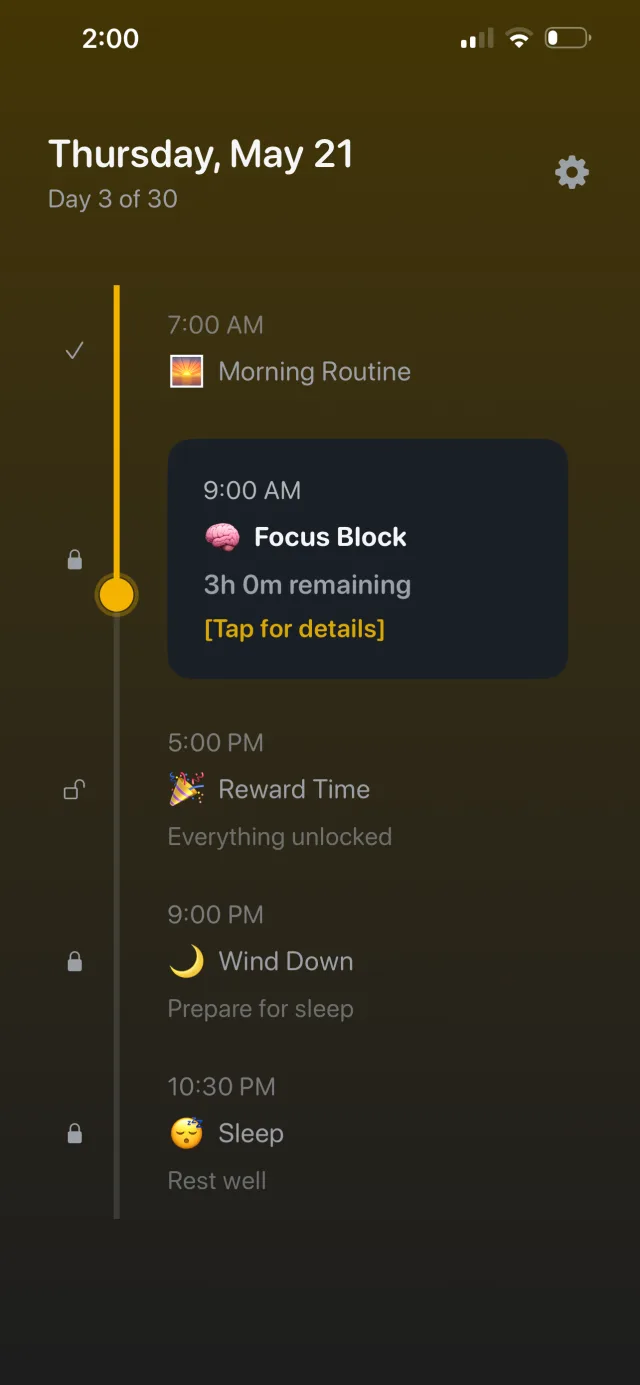 Baseline day timeline showing Morning Routine, a locked Focus Block, Reward Time, and Wind Down