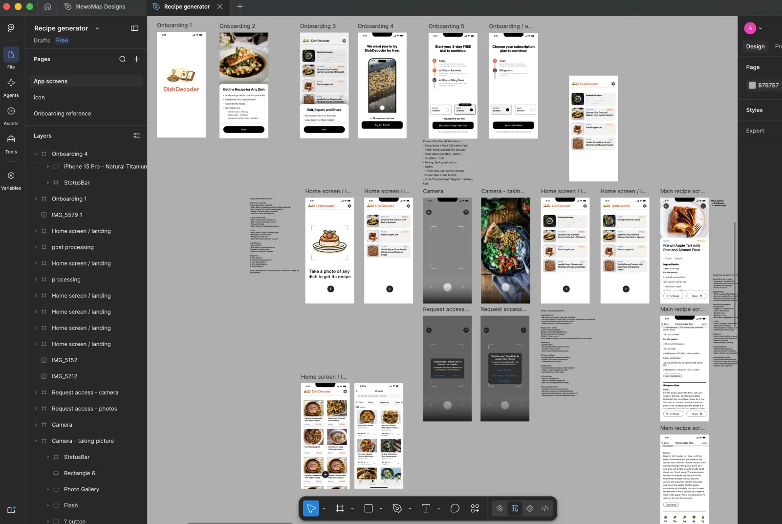 Figma file showing DishDecoder's onboarding, camera, and recipe screens designed and annotated before development