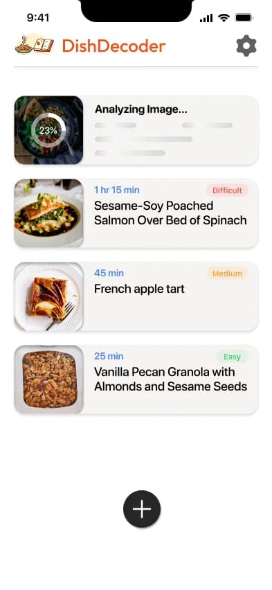DishDecoder home screen analyzing a photo, with past recipes listed by time, difficulty, and title