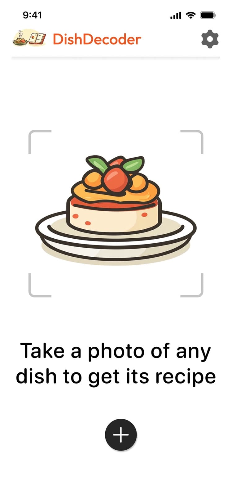 DishDecoder app camera screen prompting the user to take a photo of a dish to get its recipe