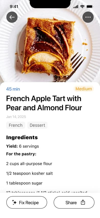 DishDecoder recipe screen showing a French apple tart with ingredients and prep steps