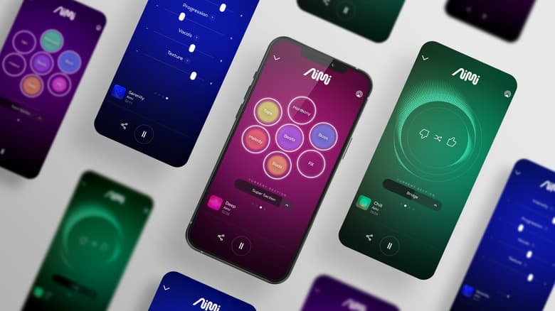 Multiple AiMi app screens in different color themes, showing the range of generative music experiences