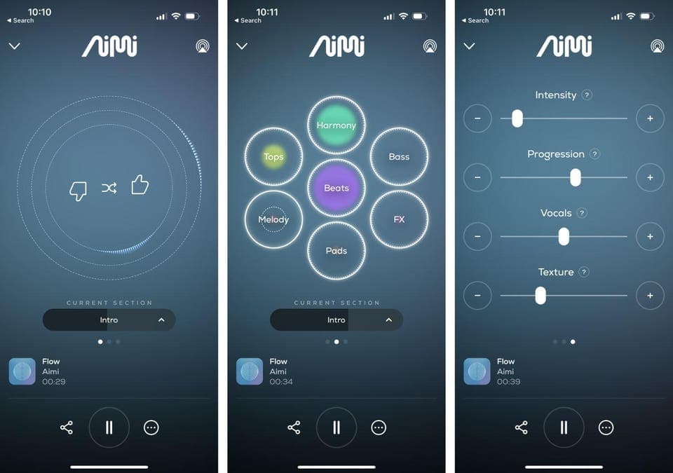Three AiMi app screens showing thumbs up/down feedback, element isolation controls (Harmony, Tops, Bass, Beats, Melody, Pads, FX), and intensity/progression/vocals/texture sliders