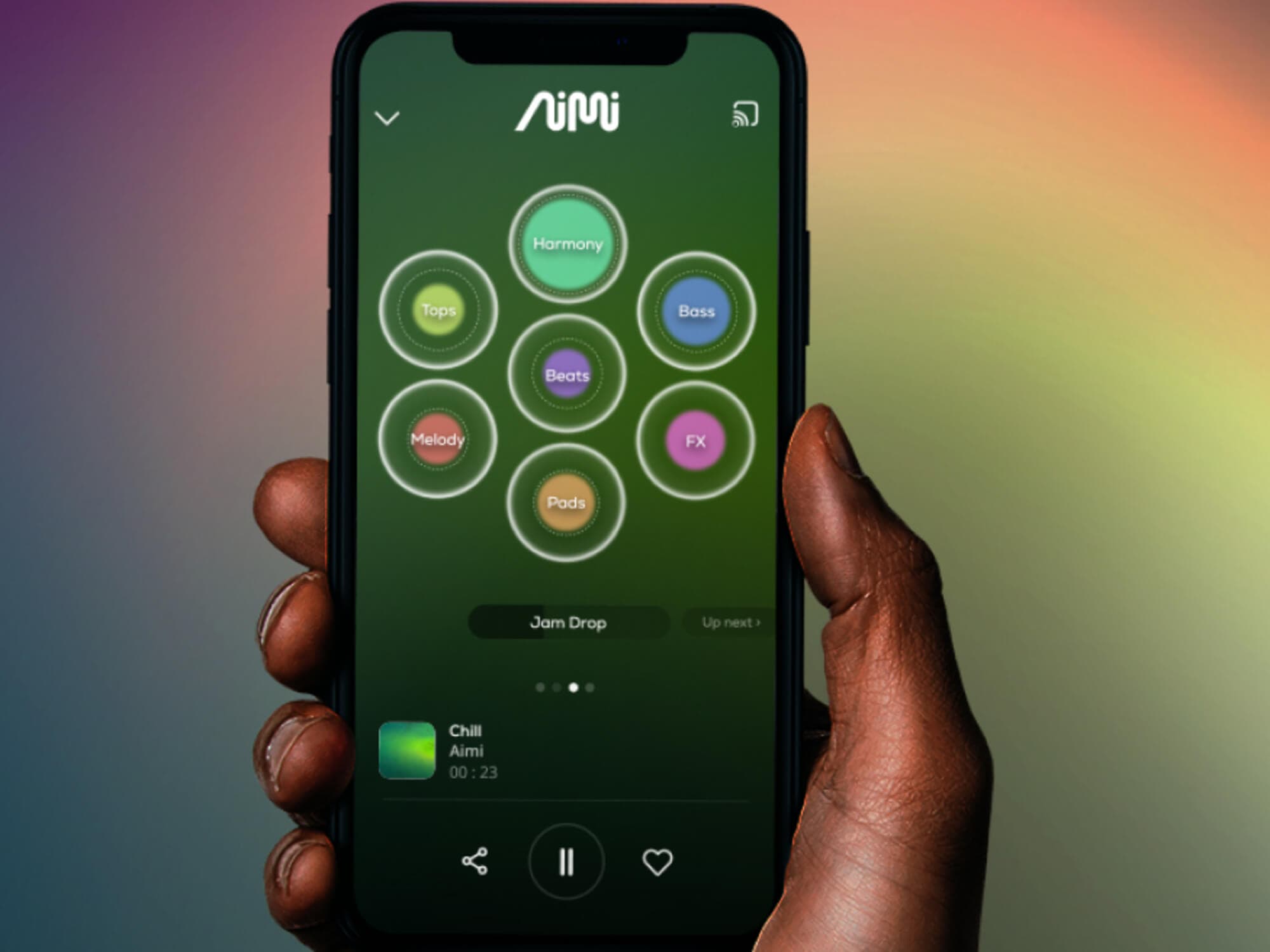AiMi's generative music app open on a phone, showing element controls for harmony, bass, beats, melody, pads, and FX