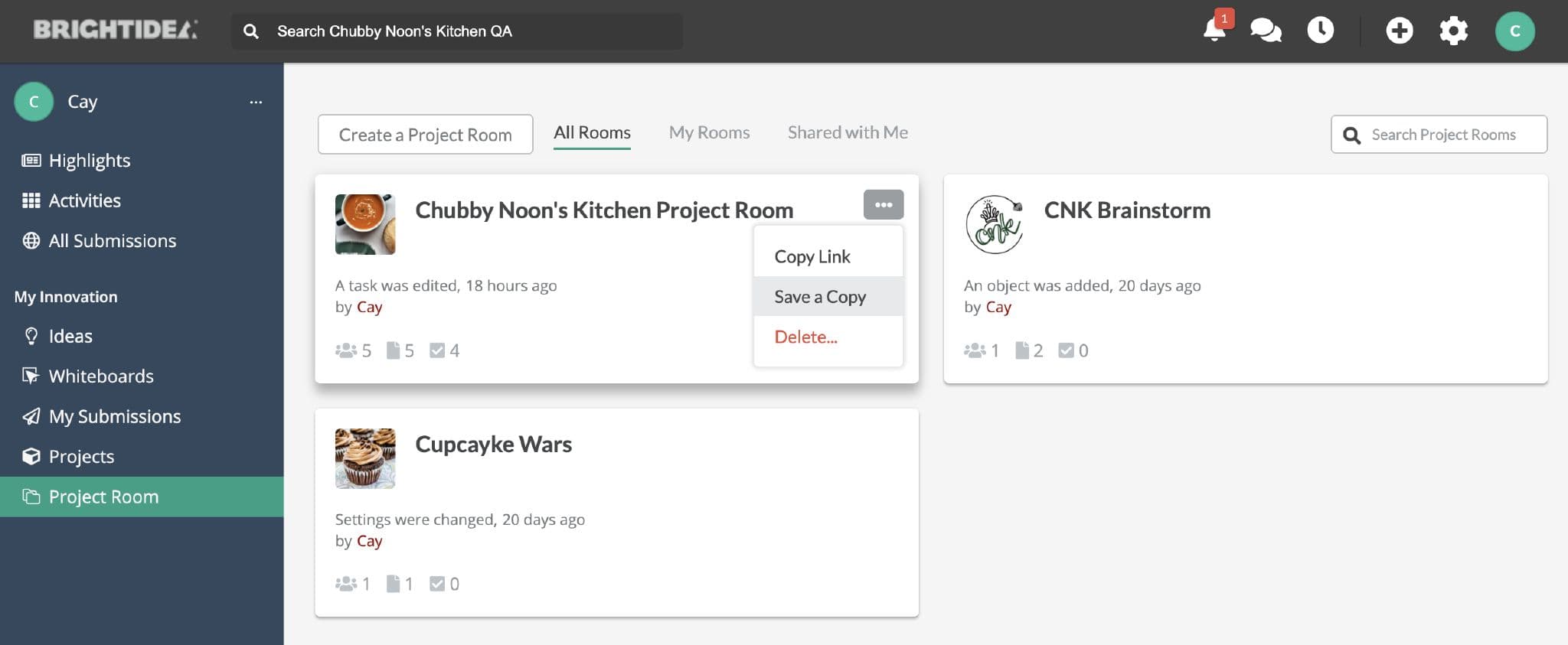 Project Room list view in Brightidea after general availability release, showing multiple active, named project rooms