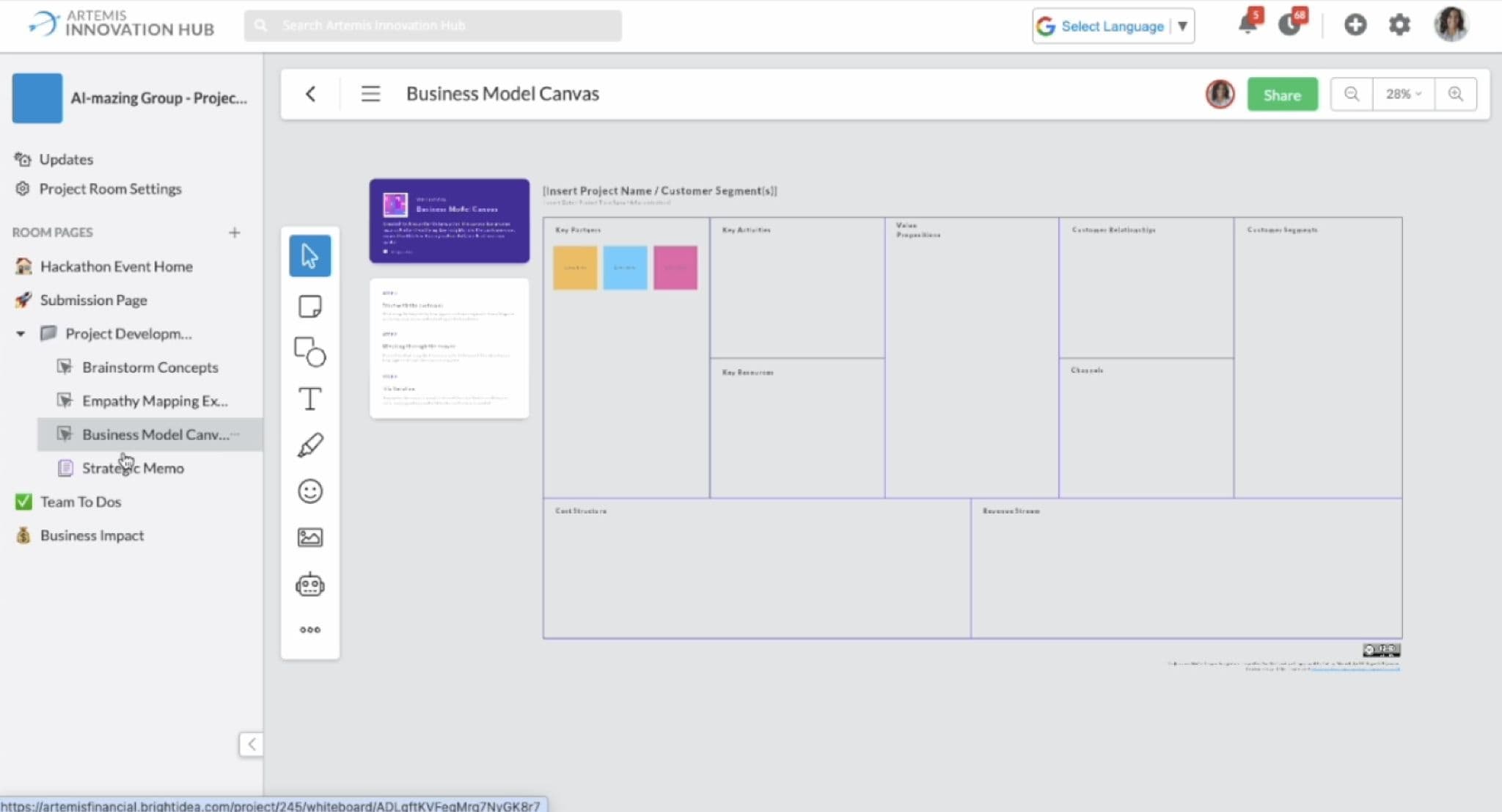 Early Project Room proof of concept, showing the Project Room sidebar (Brainstorm Concepts, Empathy Mapping, Business Model Canvas, Strategic Memo) and a business model canvas whiteboard