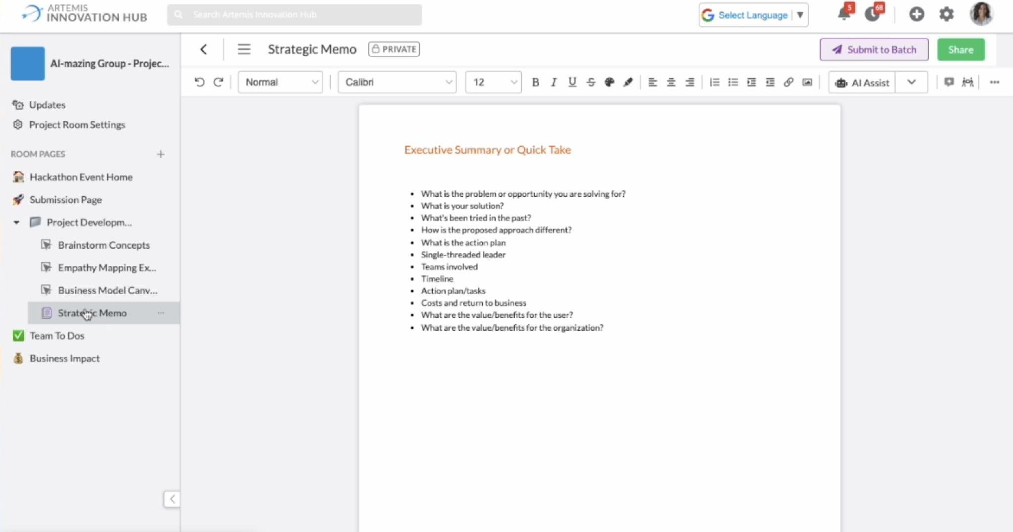 Early Project Room proof of concept, showing the same Project Room sidebar and a Strategic Memo document