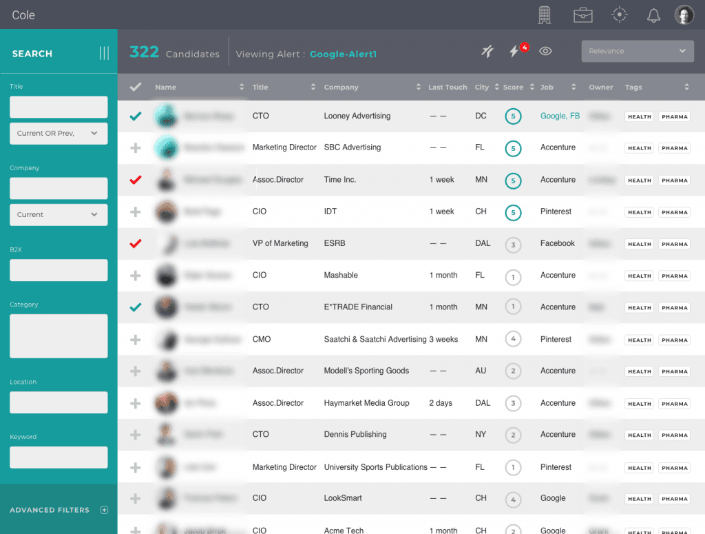 Rolodex search results page with candidate filtering and segmentation