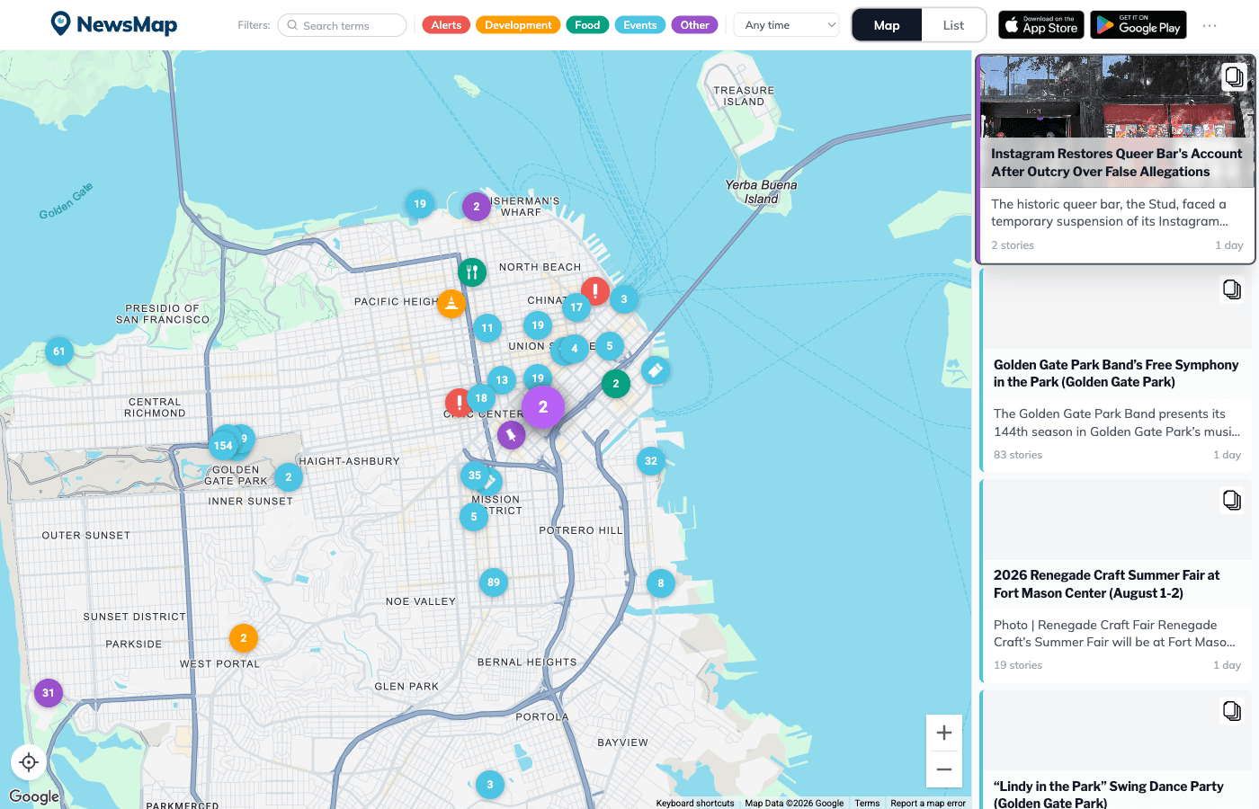 NewsMap web app showing local news stories pinned to a map of San Francisco, color-coded by category