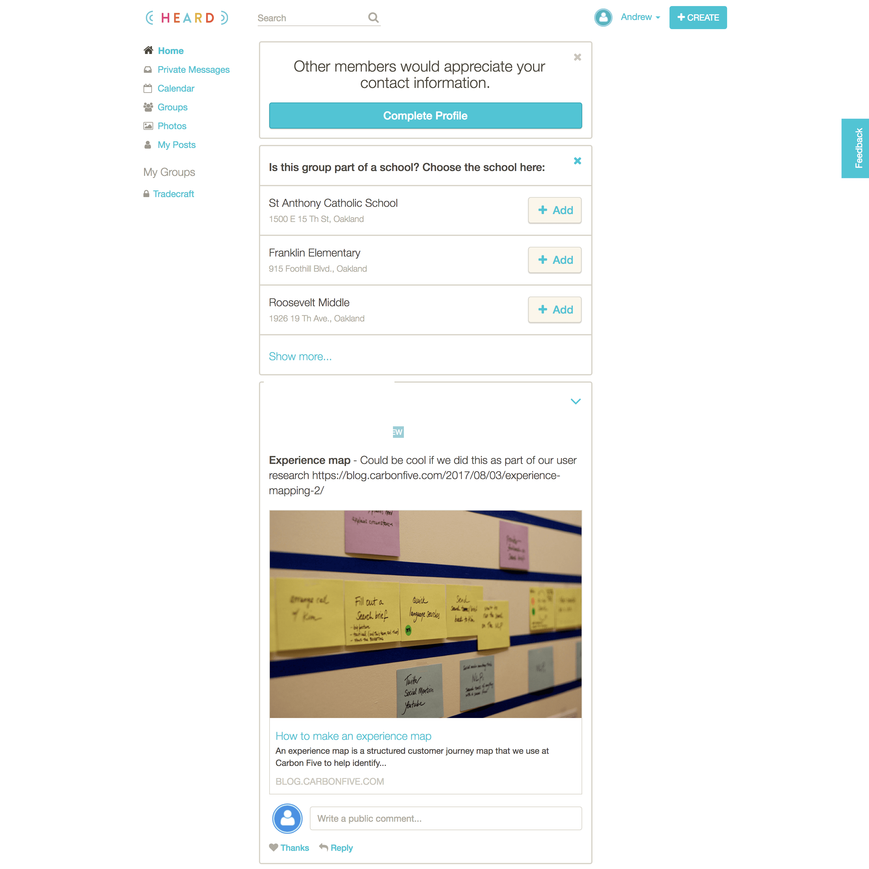 HEARD's existing web app home feed, showing school groups and posts